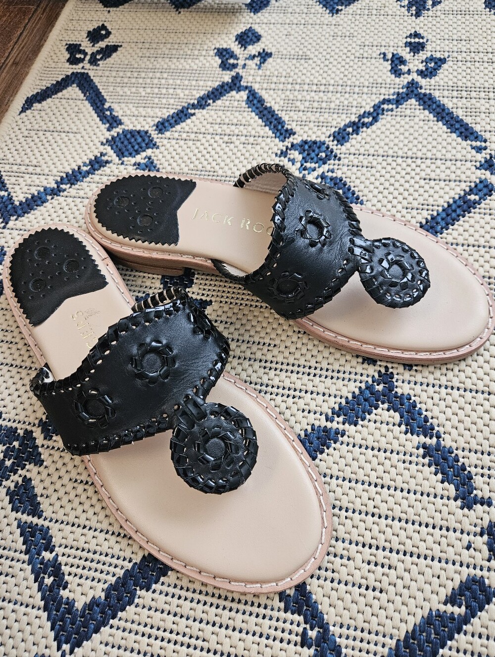 Jack Rogers Black Leather Flat Sandals with Signature Medallion